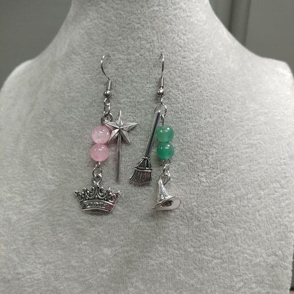 Witch Mismatched Earrings Rose Quartz Aventurine Natural Gemstone StainlessSteel - Picture 10 of 11
